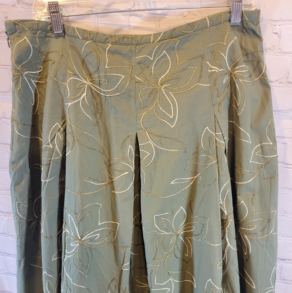 New York & Co Olive Flower Embroidery Pleated Skirt - Picture 2 of 3